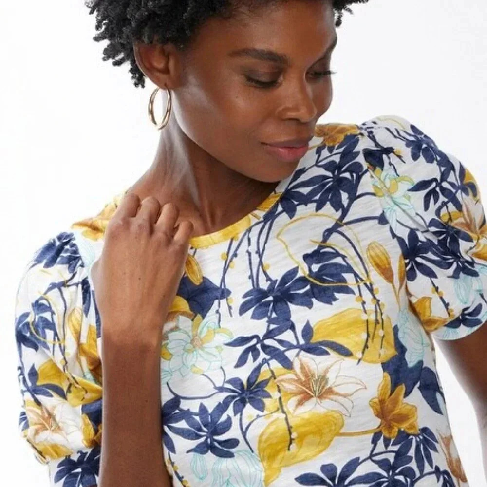Chico's Tropical Floral Print Puff Sleeve Slub Tee - Size 0 (Small)